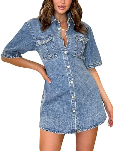 Fisoew Women’s Button Down Denim Dress Summer Casual Short Sleeve Collared Jean Mini Dress Light Blue | Amazon (US)