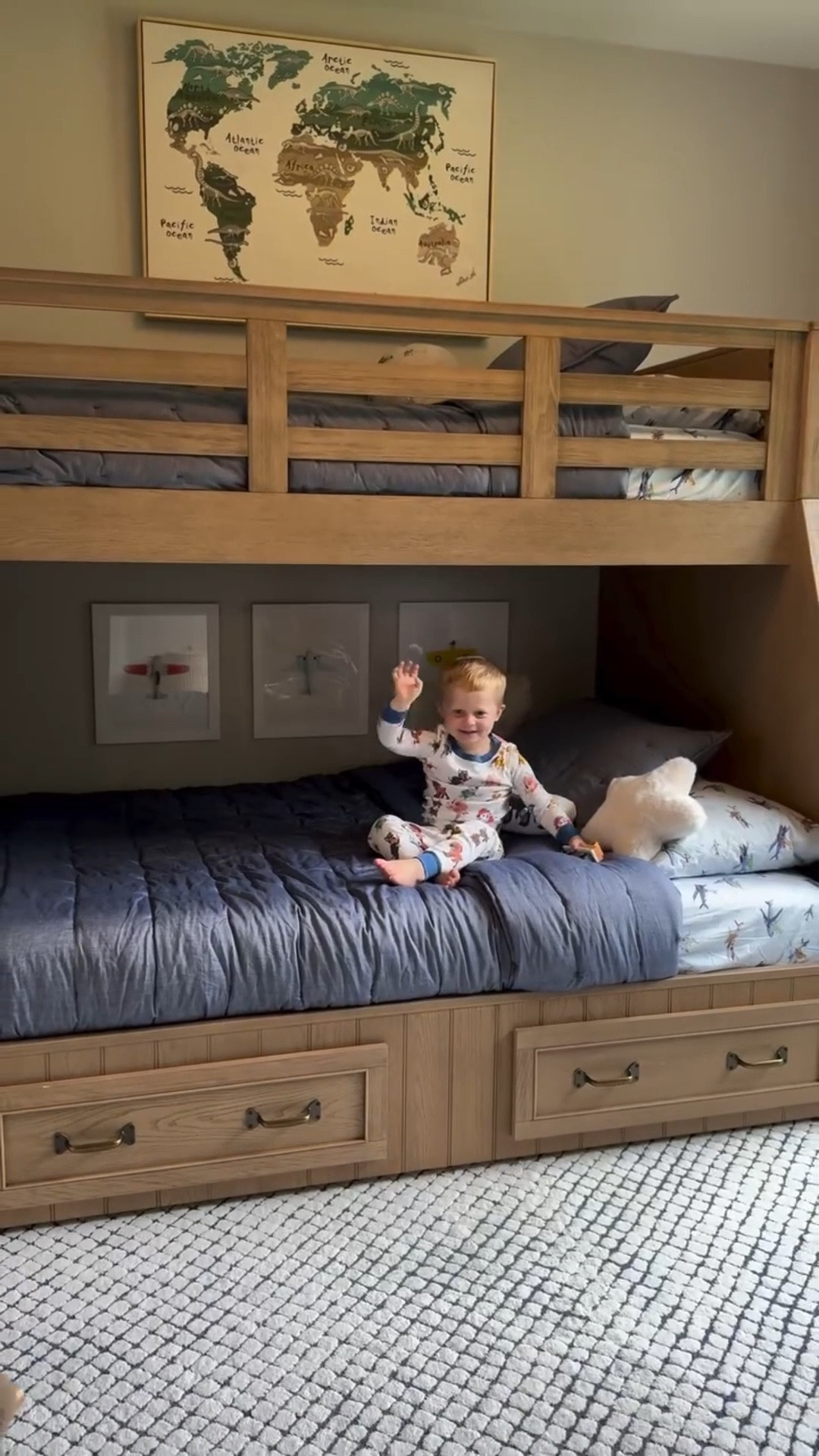 Nursery days are behind us 🥹💙 and the big boy room era has begun! He LOVES it, and I couldn’t be happier with how this space came together. @potterybarnkids truly thought of it ALL! Look how sweet everything is! The pieces we picked made the transition so easy and so much fun! #bigboyroom #bunkbed