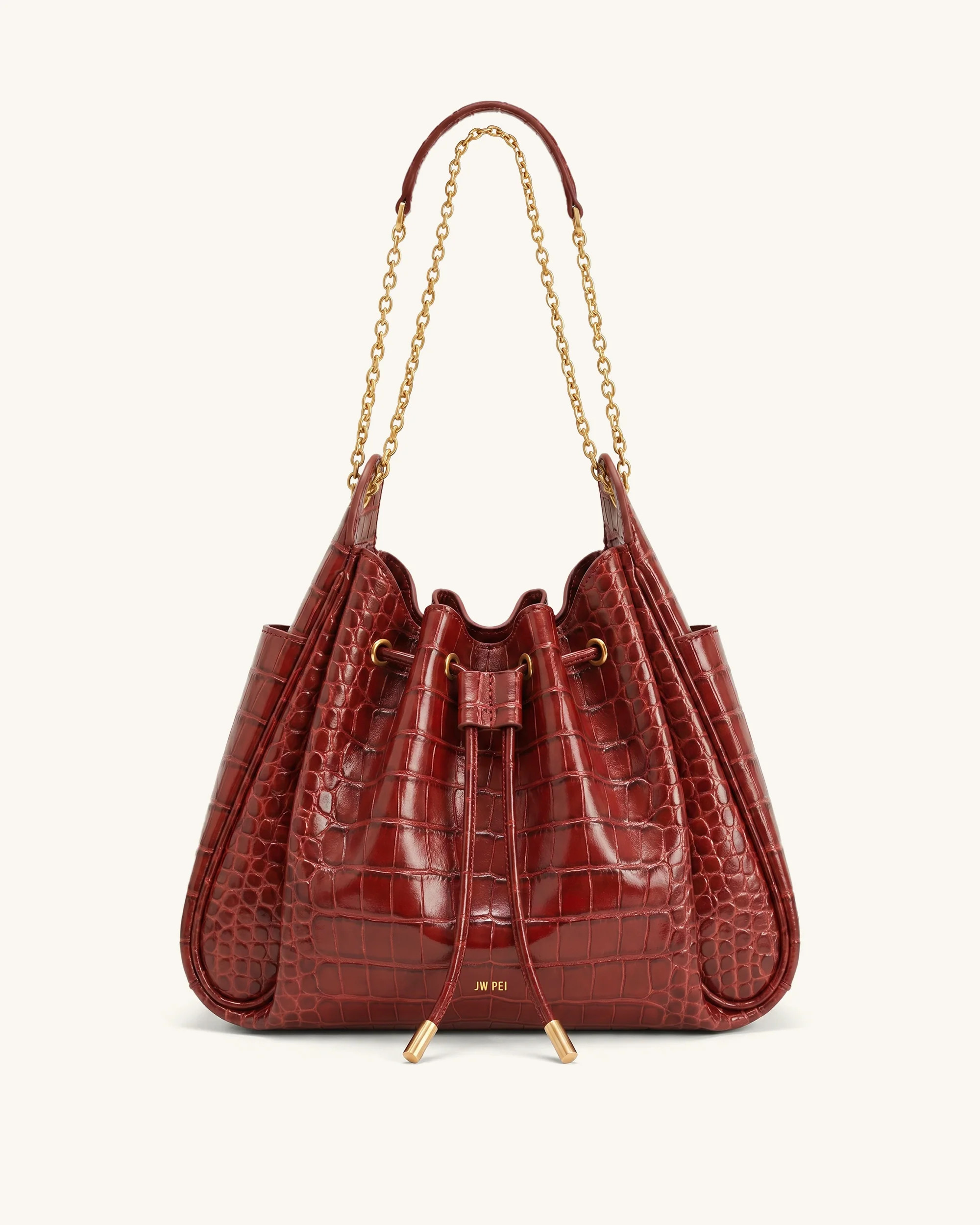Rowan Ruched Drawstring Chain Bucket Bag - Dark Red Croc | JW PEI US