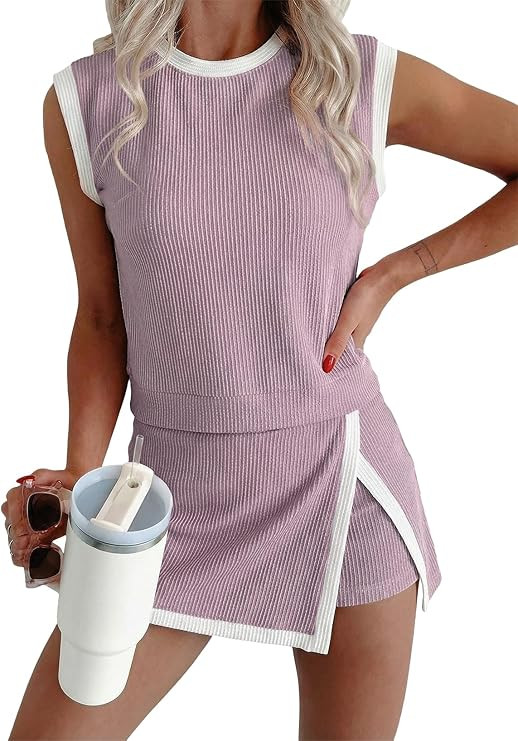 EVALESS 2 Piece Sets for Women Summer Outfits Ribbed Knit Tank Top and Split Lined Skirt Two Piec... | Amazon (US)