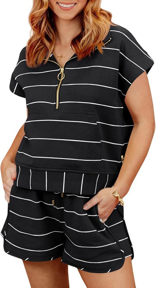 Fisoew Womens Summer 2 Piece Outfits Striped Short Sleeve Zipper Shirts Casual Shorts Loose Loung... | Amazon (US)