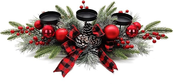 27.5-Inch Christmas Table Centerpiece with Candle Holders, Red Berries, and Pine Cones | Amazon (US)
