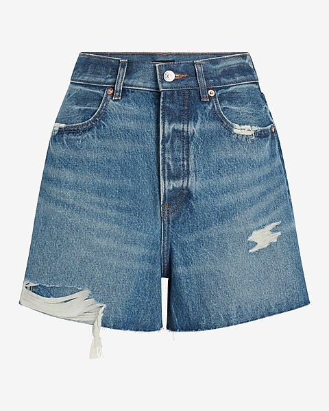 Super High Waisted Medium Wash Mom Jean Shorts | Express