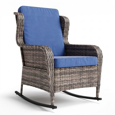 Outdoor Wicker Rocking Chair with Thick Cushions, Weather-Resistant Patio Glider, High Back Support for Patio Porch Garden, Grey Blue | Target