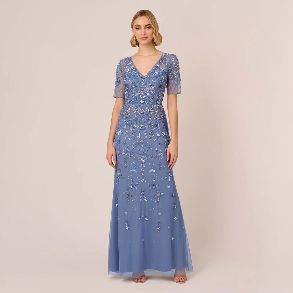 3D Floral Beaded Mermaid Gown With Sheer Short Sleeves In French Blue | Adrianna Papell