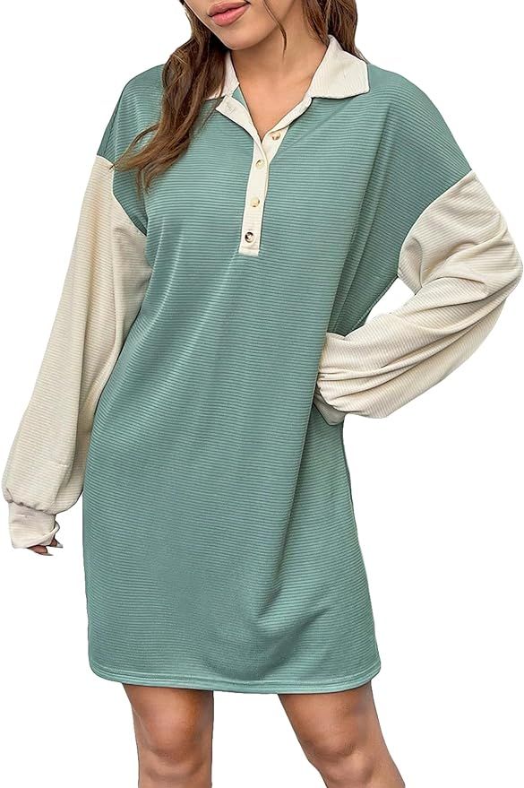 SweatyRocks Women's Colorblock Long Sleeve Polo Neck Casual Dress Drop Shoulder Button Front Loos... | Amazon (US)