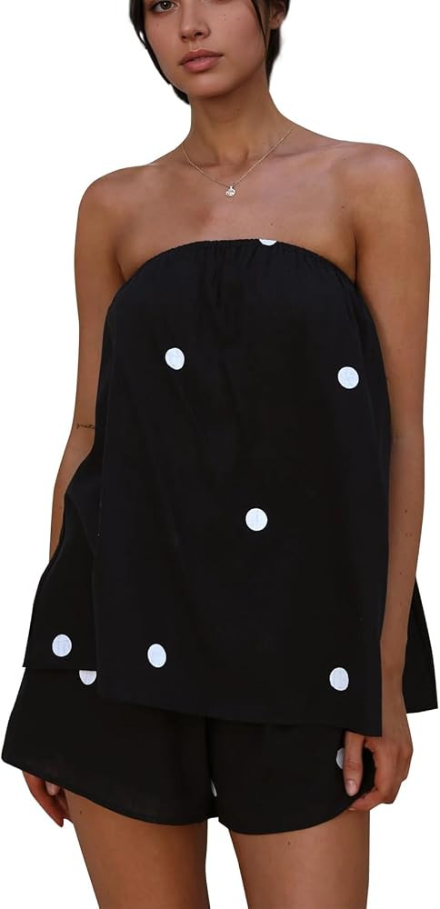 Women Polka Dot Two Piece Shorts Set Strapless Tube Top Lounge Sets Summer Vacation Resort Travel... | Amazon (US)