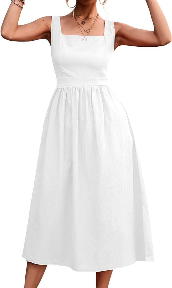 xxxiticat Women's Square Collar Casual Dress Sleeveless Pleated A-Line Summer Beach Boho Elegant ... | Amazon (US)