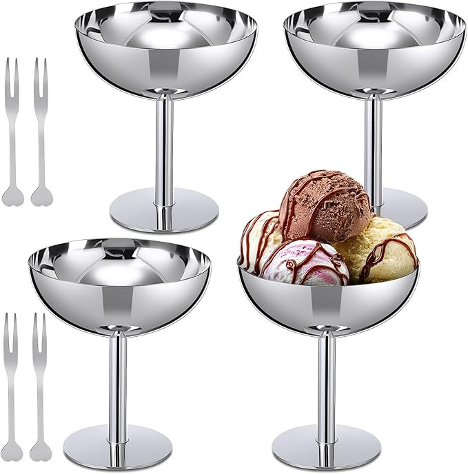 4 Set Ice Cream Cups with Forks, Stainless Steel Footed Bowls 6.7 Oz Serving Dessert Cups Silver ... | Amazon (US)