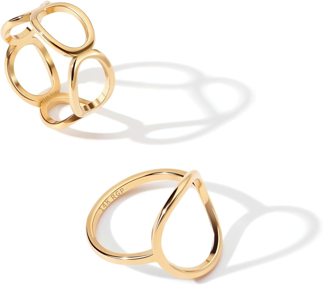 2PCS Circle Statement Ring Set for Women 14K Gold Plated Simple Link Chain Knuckle Stacking Bands... | Amazon (US)