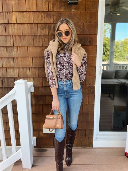 Annie b. / fall outfit / Rebecca Taylor outfit / brown fall sweater / Rebecca Taylor blouse / crocodile boots / croc embossed boots / lily and bean bag / top handle bag / chic outfit ideas

#LTKSeasonal #LTKitbag #LTKshoecrush