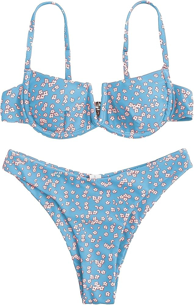 SweatyRocks Women's Sexy Bathing Suits Spaghetti Strap Floral Bikini Set Underwire Swimsuit | Amazon (US)