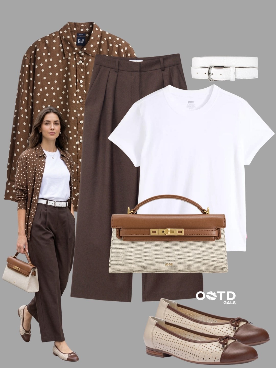 Polished with a playful twist 🤎🤍

Classic tailoring meets soft prints for a look that feels refined but still relaxed.

Effortless everyday chic.

✨ Style Details:
• Chocolate polka dot shirt for a subtle statement  
• Crisp white tee to keep it fresh and clean  
• Tailored brown trousers for a structured base  
• Two-tone ballet flats for a soft, feminine finish  
• Matching structured bag for a cohesive touch  
• White belt to brighten and define the waist  

Timeless neutrals with just the right amount of personality ✨

#LTKStyle #EverydayChic #NeutralStyle

#LTKgrwm #LTKootd