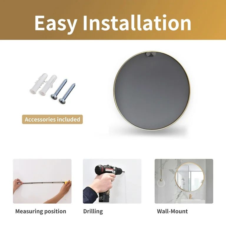 BEAUTYPEAK Wall Mirror Mounted 24" Bathroom Round Mirror with Brushed Metal Frame,Gold - Walmart.... | Walmart (US)