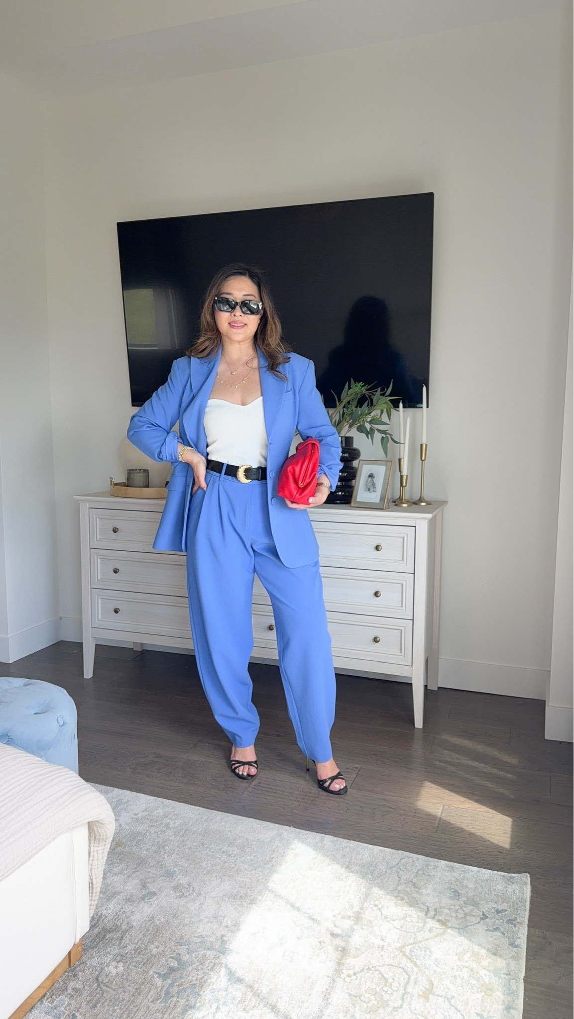 Blazer: Small
 Blue Pants: 6 (could have sized down)

Matching set, blazer, workwear, trousers, devil wears Prada, outfit inspo, trending, styling tip, tcs, affordable fashion

#LTKootd #LTKSeasonal #LTKmomlife