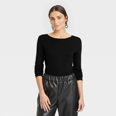 Women's Long Sleeve Ribbed T-Shirt - A New Day™ Black XS | Target
