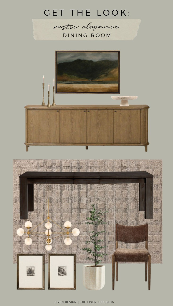Rustic elegance dining room. Home decor. Modern rustic. Sideboard. Dining table. Dining chairs. Modern chandelier. Moody art. Landscape painting. Textured neutral rug. 

#LTKSeasonal #LTKHome #LTKSaleAlert