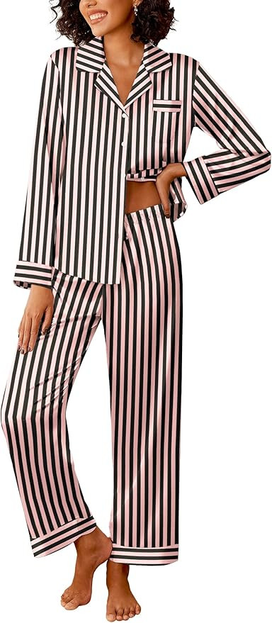 Ekouaer Womens Silk Satin Pajama Sets 2 Piece Sleepwear Pjs Set Long Sleeve Button Down Top and P... | Amazon (US)