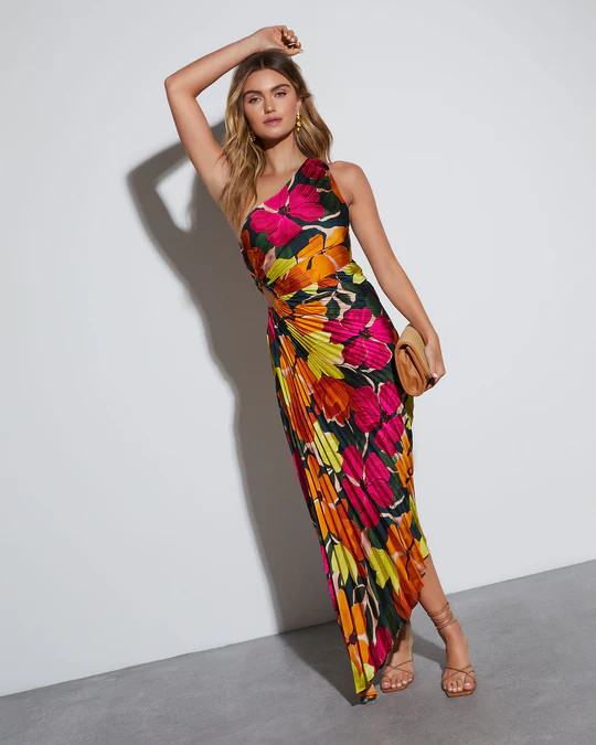 Modern Day Glam Satin Pleated One Shoulder Cutout Asymmetrical Maxi Dress | VICI