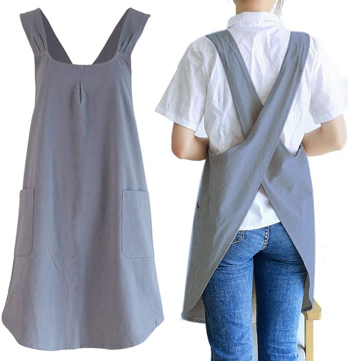 Japanese Linen Cross Back Kitchen Cooking Aprons for Women with Pockets Cute for Baking Painting ... | Amazon (US)