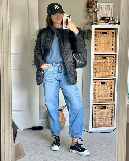 Sunday errands fit!
These denim joggers were a bestseller this week and still on sale! Wearing my usual size 4 regular length (I’m 5’ 7).
Wearing M for an oversized fit in the sweater, I have it in several colors, it’s a great basic.
Converse fit big, I go down 1/2 size. 
Jacket is from Aritzia, sold out sorry


#LTKstyletip #LTKover40 #LTKshoecrush