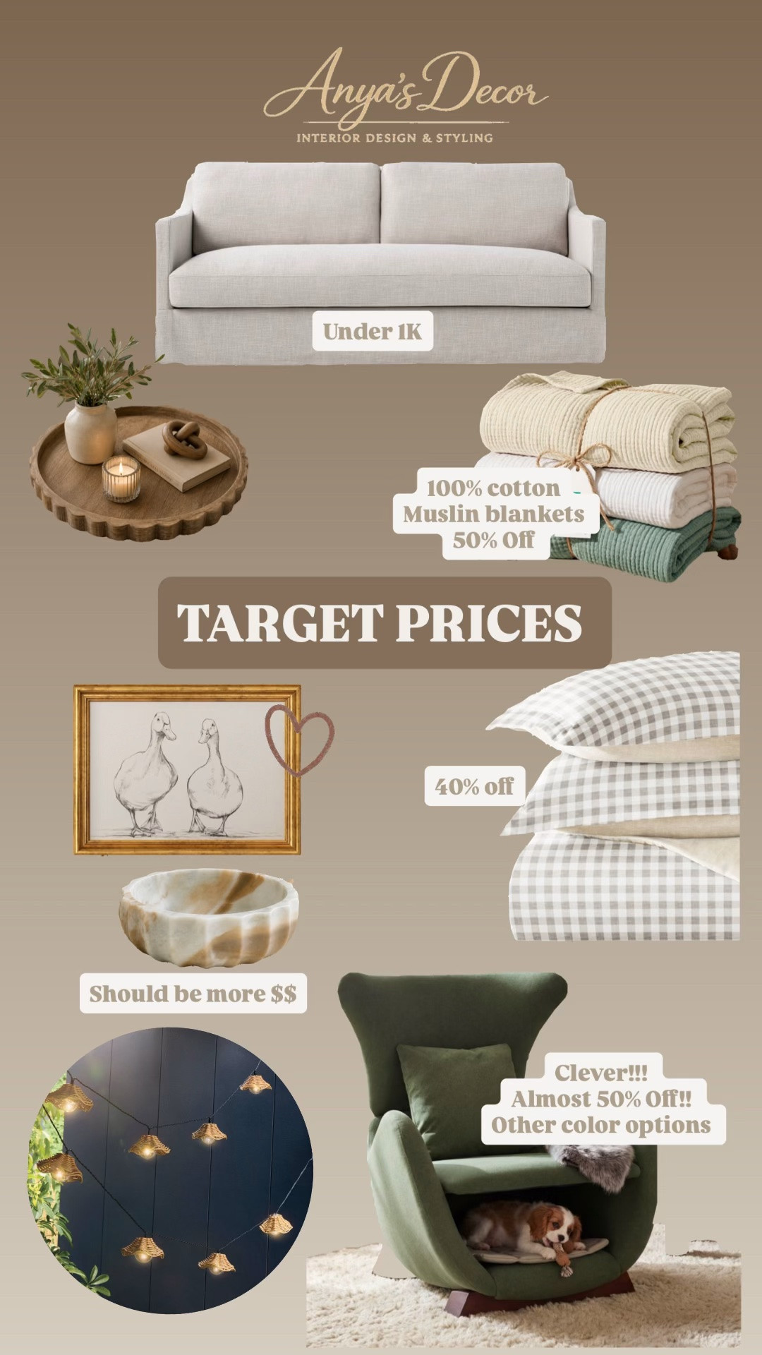 designer look without the designer price 🤎
From cozy cotton muslin blankets to the cutest accent chair, these are the affordable home pieces making my house feel warm, layered, and high-end for less.

• Neutral slipcovered sofa under 1K
• 100% cotton muslin blankets 50% off
• Gingham bedding 40% off
• Marble bowl that looks WAY more expensive
• Cozy accent chair almost 50% off
• Charming framed art & cozy decor finds
Affordable luxury home decor is truly having a moment at Target lately ✨
-

Target home finds. Affordable luxury decor. Neutral home styling. Designer inspired decor. Cozy home aesthetic. Modern organic home. Transitional style decor. Warm neutral home. High end look for less. Target furniture finds. Neutral bedding ideas. Affordable accent chairs. Marble decor bowl. Slipcovered sofa. Home decor deals. Cozy living room decor. Studio McGee inspired decor. Elevated Target finds. Home styling inspiration. Designer look on a budget.

#LTKmomlife #LTKHome