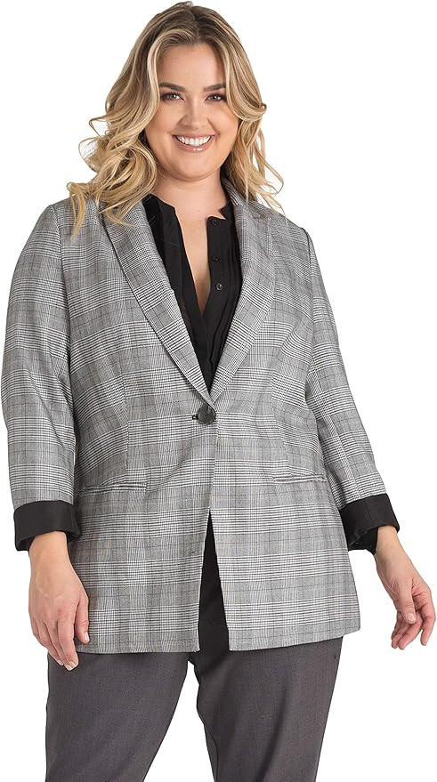 Standards & Practices Plus Size Women One-Button Oversize Plaid Boyfriend Blazer | Amazon (US)