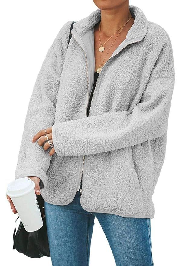 ReachMe Womens Oversized Sherpa Jacket Full Zip Fleece Coat with Pockets Fluffy Winter Fuzzy Outw... | Amazon (US)