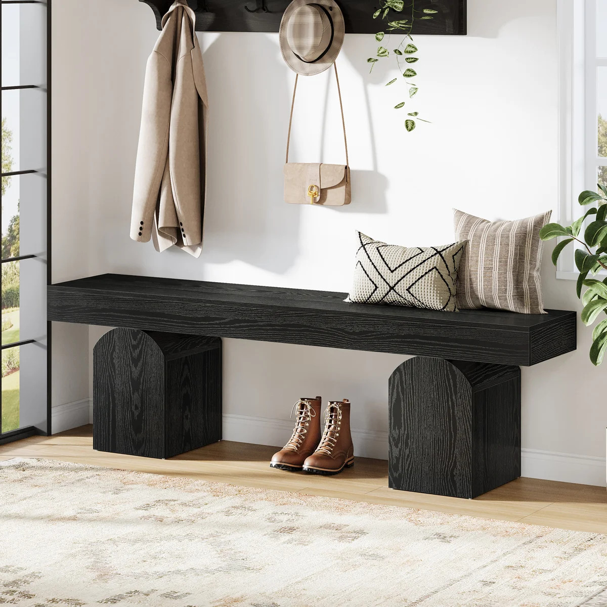 Entryway Bench, 59" Long Shoe Bench With Arched Bases, Wooden Indoor Furniture For Entryway | Wayfair North America