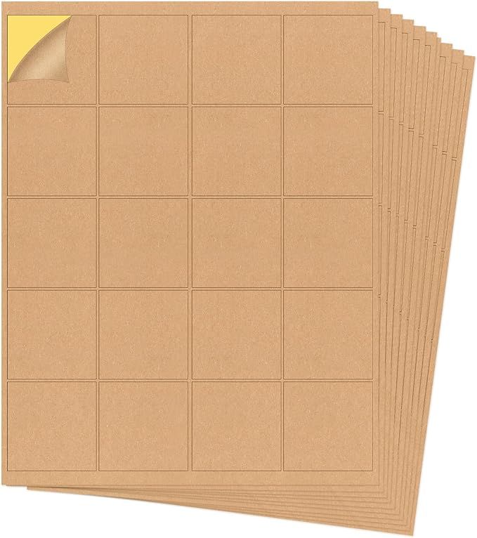 20 Sheets 2"x2" Kraft Printable Sticker Labels 400 Pieces Square Printable Labels Sheets for Inkj... | Amazon (US)
