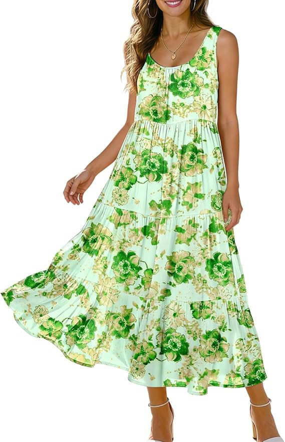 YESNO Women's Summer Cotton Dress Flowy Boho Floral Print Midi Sundress Casual Beach Dress with P... | Amazon (US)