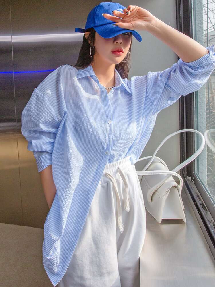 DAZY Pinstripe Drop Shoulder Button Up Oversized Shirt | SHEIN