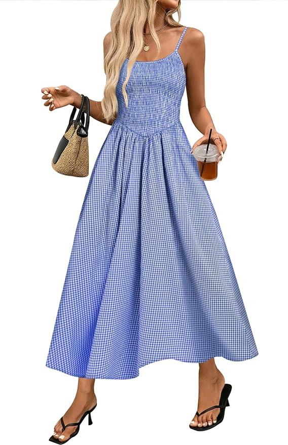 Relipop Women's Summer Midi Dresses 2026 Casual Plaid Sleeveless Spaghetti Strap Smocked Tiered B... | Amazon (US)