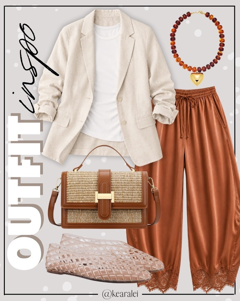 Work outfit teacher outfits fall outfits back to school business casual outfits 2026 fall workwear outfit Amazon fashion affordable beige ivory lightweight linen blazer with white slim fit tshirt layering top and rust orange satin wide leg pants with lace trim lace pants trend alert with taupe nude jelly shoes tortoise orange brown chunky beaded necklace and leather rattan woven purse bag tote handbag || budget friendly fashion style affordable fashion looks for less Amazon Free People look for less Madewell Nordstrom forever21 express loft #workwear #workoutfit #workoutfits #teacheroutfits #teacher #teacheroutfit #affordable #budget #outfitideas #cuteoutfit
.
.
.

teacher outfits, business casual, Work blazers, Work Wear, workwear, casual outfits, neutrals, street style, Midi skirt, Maxi Dress, Swimsuit, Bikini, Travel, skinny Jeans, Puffer Jackets, Concert Outfits, Cocktail Dresses, Sweater dress, Sweaters, cardigans Fleece Pullovers, hoodies, button-downs, Oversized Sweatshirts, Jeans, High Waisted Leggings, dresses, joggers, fall Fashion, winter fashion, leather jacket, Sherpa jackets, Deals, shacket, Plaid Shirt Jackets, lounge set, Date Night Outfits, Vacation outfits, Mom jeans, shorts, sunglasses, Romper, jumpsuit, Stanley cup tumbler, boots booties take over the knee, ankle boots, Chelsea boots, combat boots, pointed toe, chunky sole, heel, sneakers, slip on shoes, Nike, adidas, vans, dr. marten’s, ugg slippers, golden goose, sandals, high heels, loafers Birkenstocks, Target, Abercrombie and fitch, Amazon, Shein, Nordstrom, H&M, forever 21, forever21, Walmart, asos, Nordstrom rack, Nike, adidas, Vans, Quay, Tarte, Sephora

#LTKWorkwear #LTKSeasonal #LTKootd