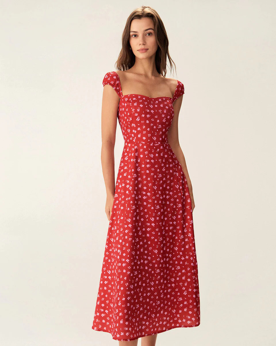 Red Floral Sweetheart Neck Cap Sleeve Midi Dress | rihoas.com