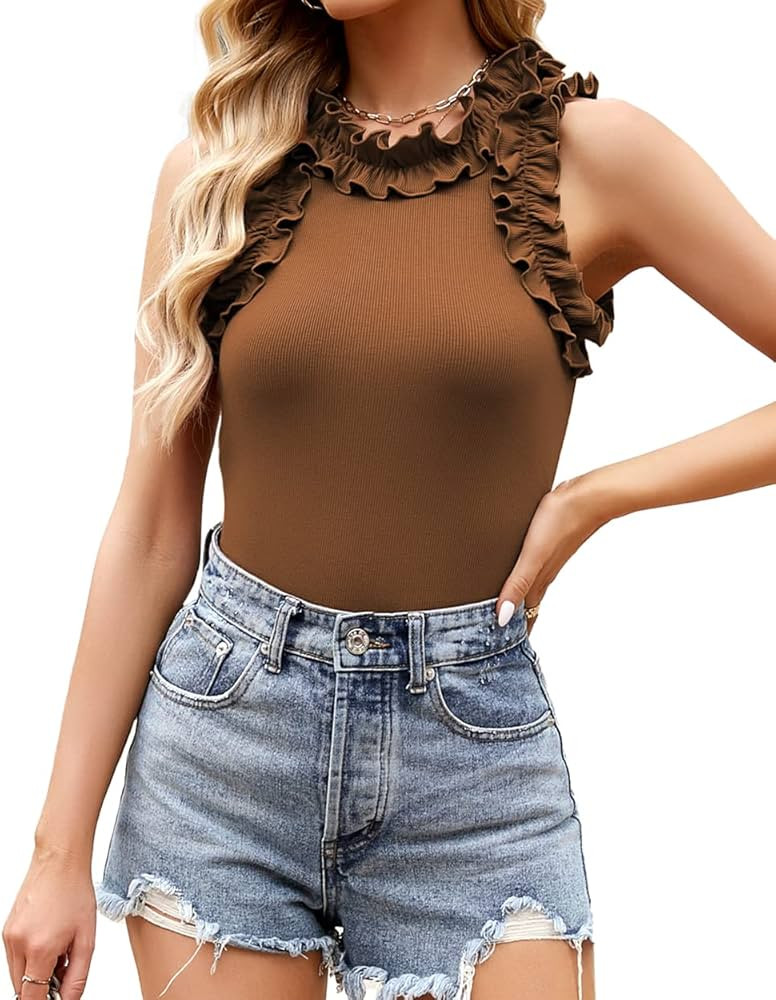 WAYMAKER Women's Sleeveless Racer Back High Neck Ribbed Ruffle Bodysuit Tank Tops | Amazon (US)