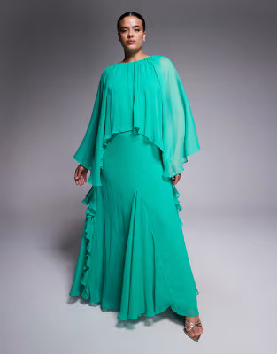 ASOS DESIGN Curve trapeze overlay chiffon maxi dress with ruffles in bright aqua | ASOS | ASOS (Global)