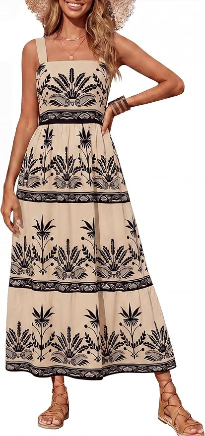 Simplee Womens Summer Boho Floral Maxi Dress Casual Flowy Sleeveless Square Neck Beach Vacation S... | Amazon (US)