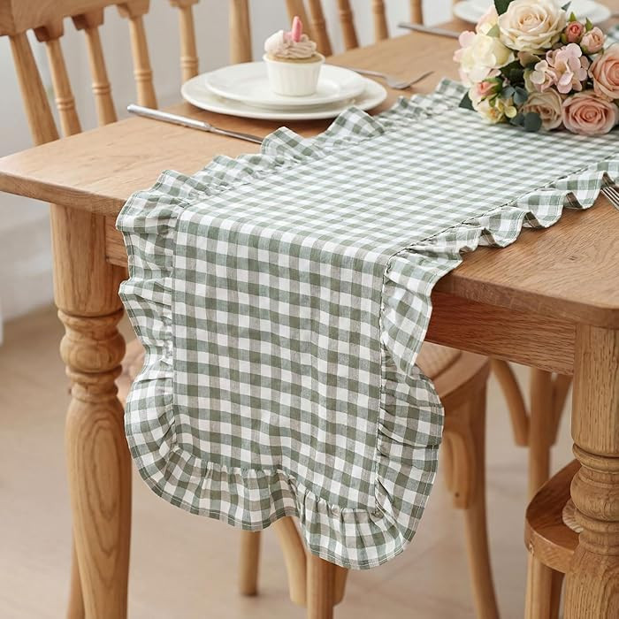1 Pcs Sage Green Plaid Gingham Ruffle Table Runner 118 x 13.8'' Farmhouse Table Runner 100% Cotto... | Amazon (US)