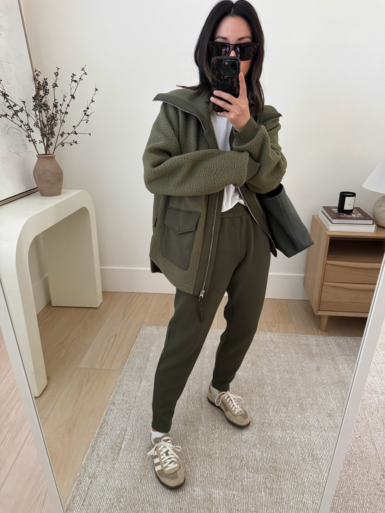 School drop off outfit ideas. Mom-life outfits. This jacket is so cozy and I love the way it drapes. 

Varley jacket xs
Everlane tee medium
Varley slim straight pants 25" xs
Adidas sneakers 4 mes
Cuyana tote small
Celine sunglasses

#LTKSeasonal #LTKActive #LTKPetite