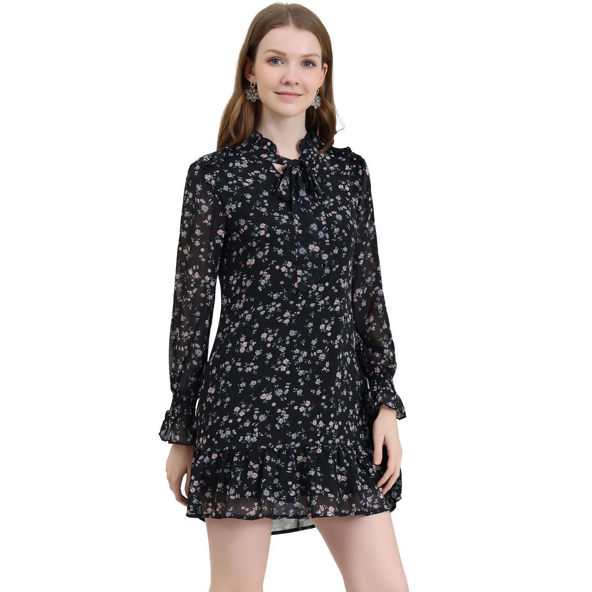 Allegra K Women's Floral Dress Loose Chiffon Ruffle Self Tie Neck Shift Dresses | Target