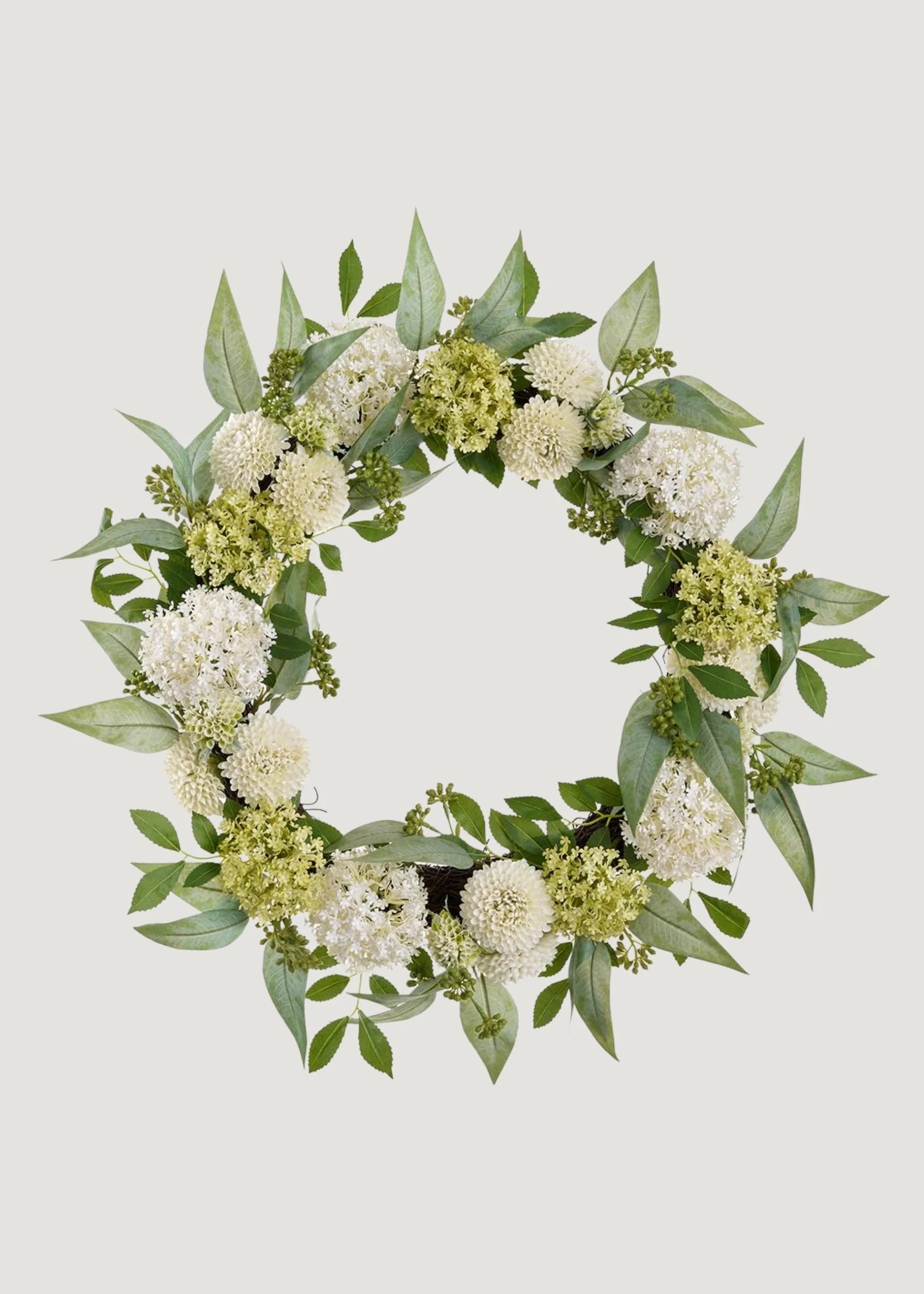 Cream Green Fake Snowball and Mum Flower Wreath with Sedum - 24" | Afloral
