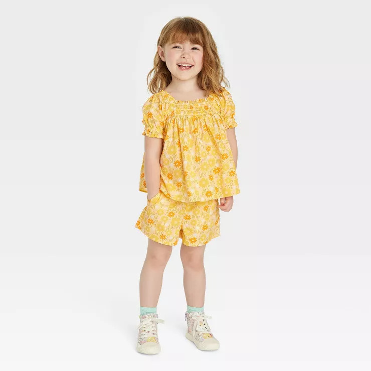 Toddler Girls' Floral Poplin Top & Shorts Set - Cat & Jack™ Yellow | Target