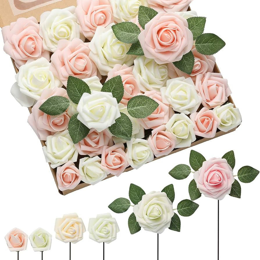 DerBlue 60pcs Three Different Sizes Artificial Foam Roses with Stems and 10pcs Leaves for DIY Wed... | Amazon (US)