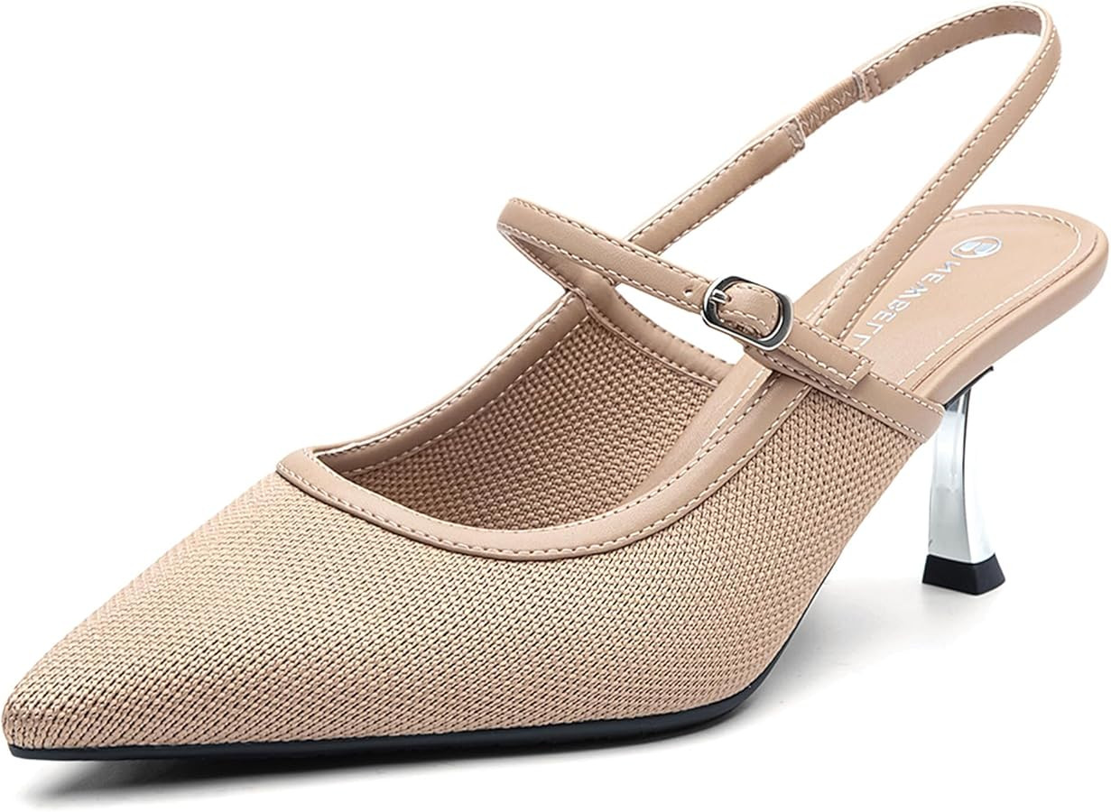 NEWBELLA Women's Slingback Kitten Heel \u2013 Pointed Closed Toe Sandals with Back Strap, Elegant... | Amazon (US)