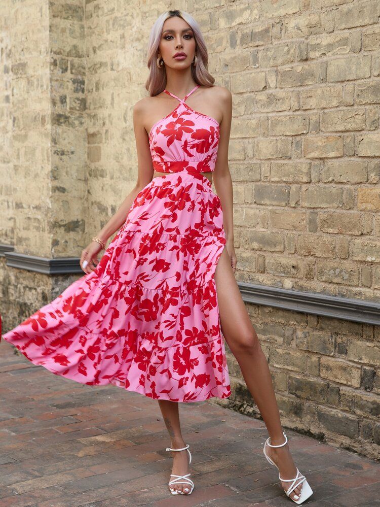 Floral Print Backless Split Thigh Halter Dress | SHEIN