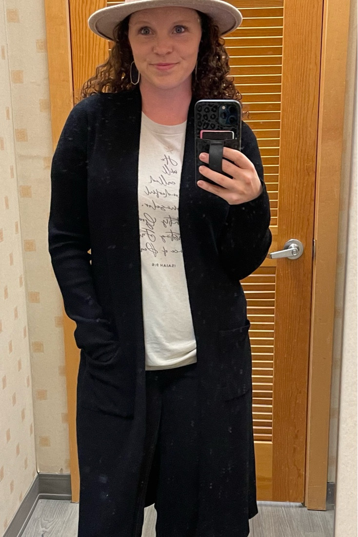 Dressing room try on in this adorable black duster! Originally $82 but marked down to $24.99 ✨ Don’t mind the spots on the dressing room mirror 🤪🤷🏼‍♀️  #duster #versatilepieces #staplepieces

#LTKfindsunder50 #LTKsalealert #LTKGiftGuide