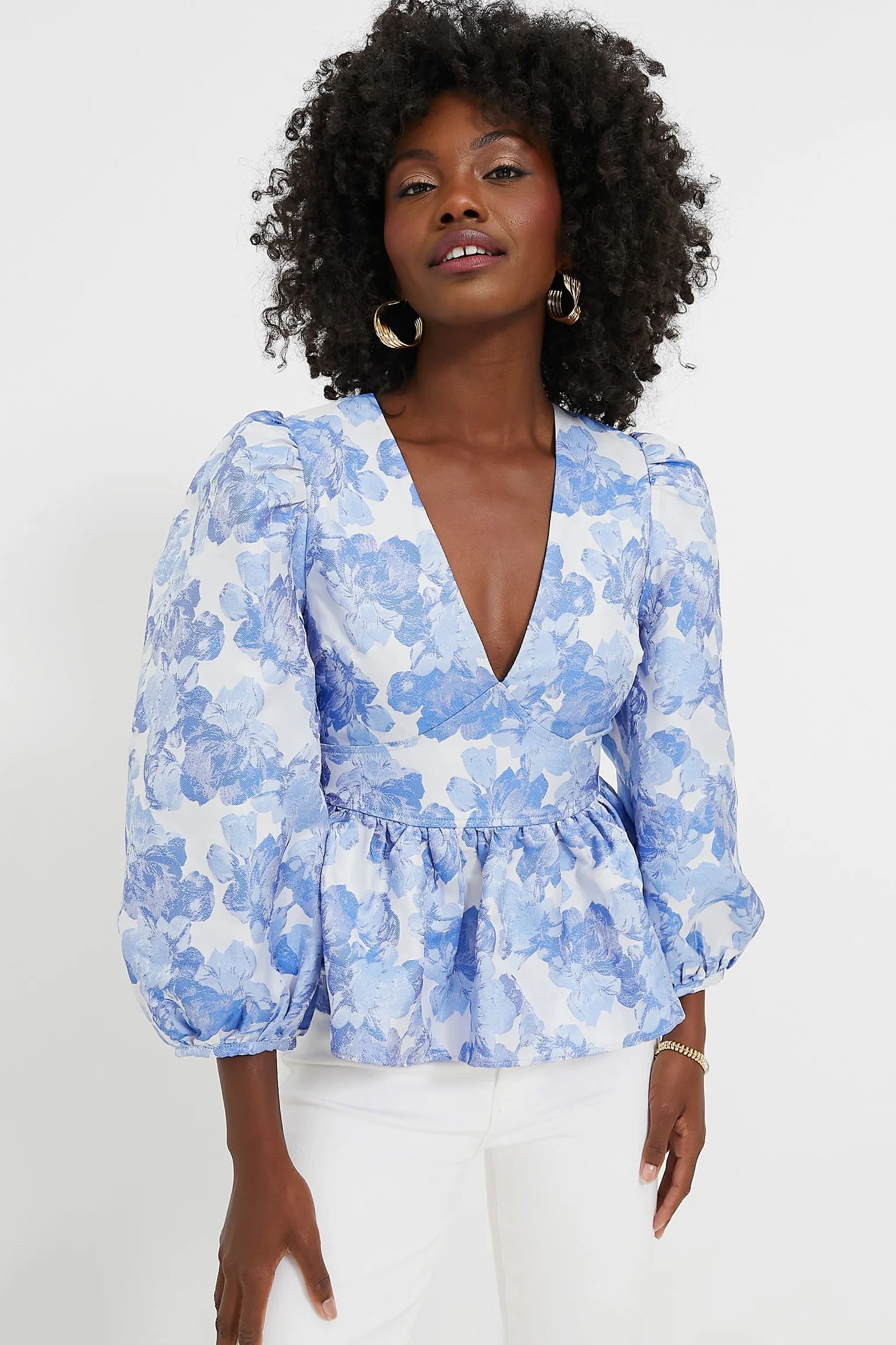 Blue Jacquard Puff Sleeve Eleanor Blouse | Tuckernuck (US)