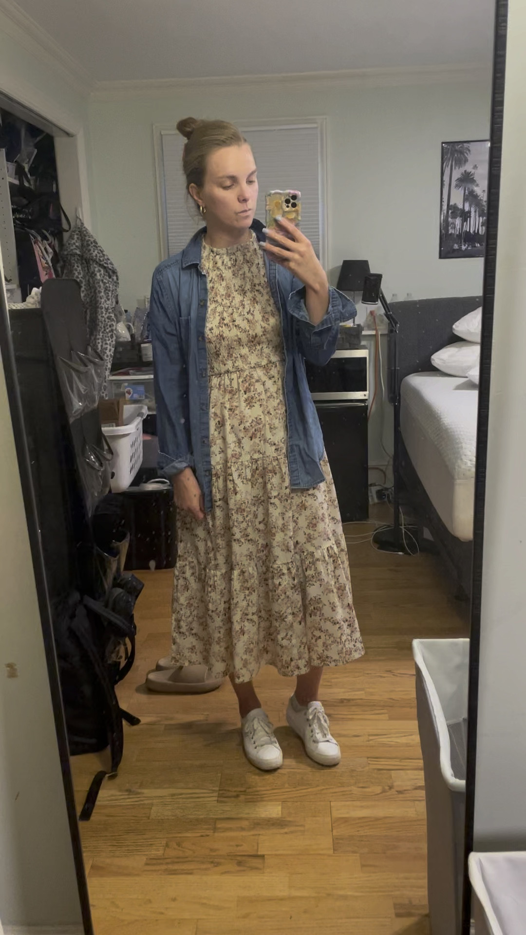 Denim button down and flowy dress with keds white sneakers 