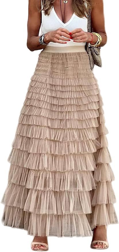 Perbai Women's High Waisted A Line Tiered Layered Mesh Tulle Long Maxi Skirt Petticoat | Amazon (US)